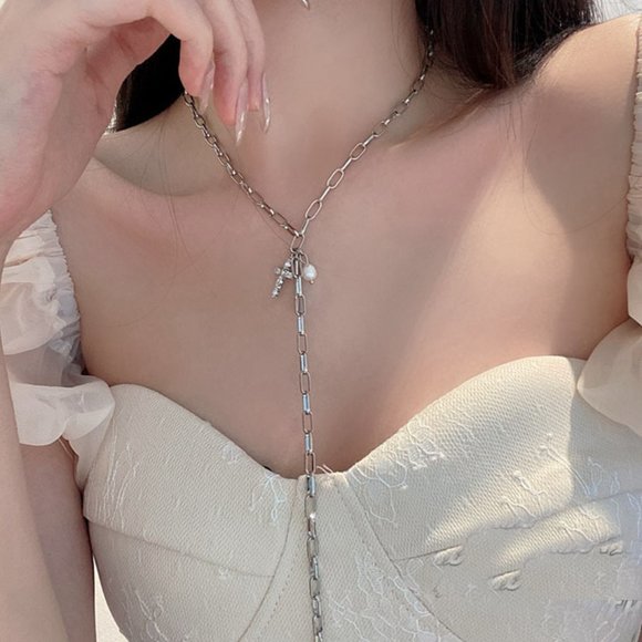 Cross Pearls Rhinestones Silver Chain Necklace - Picture 2 of 4